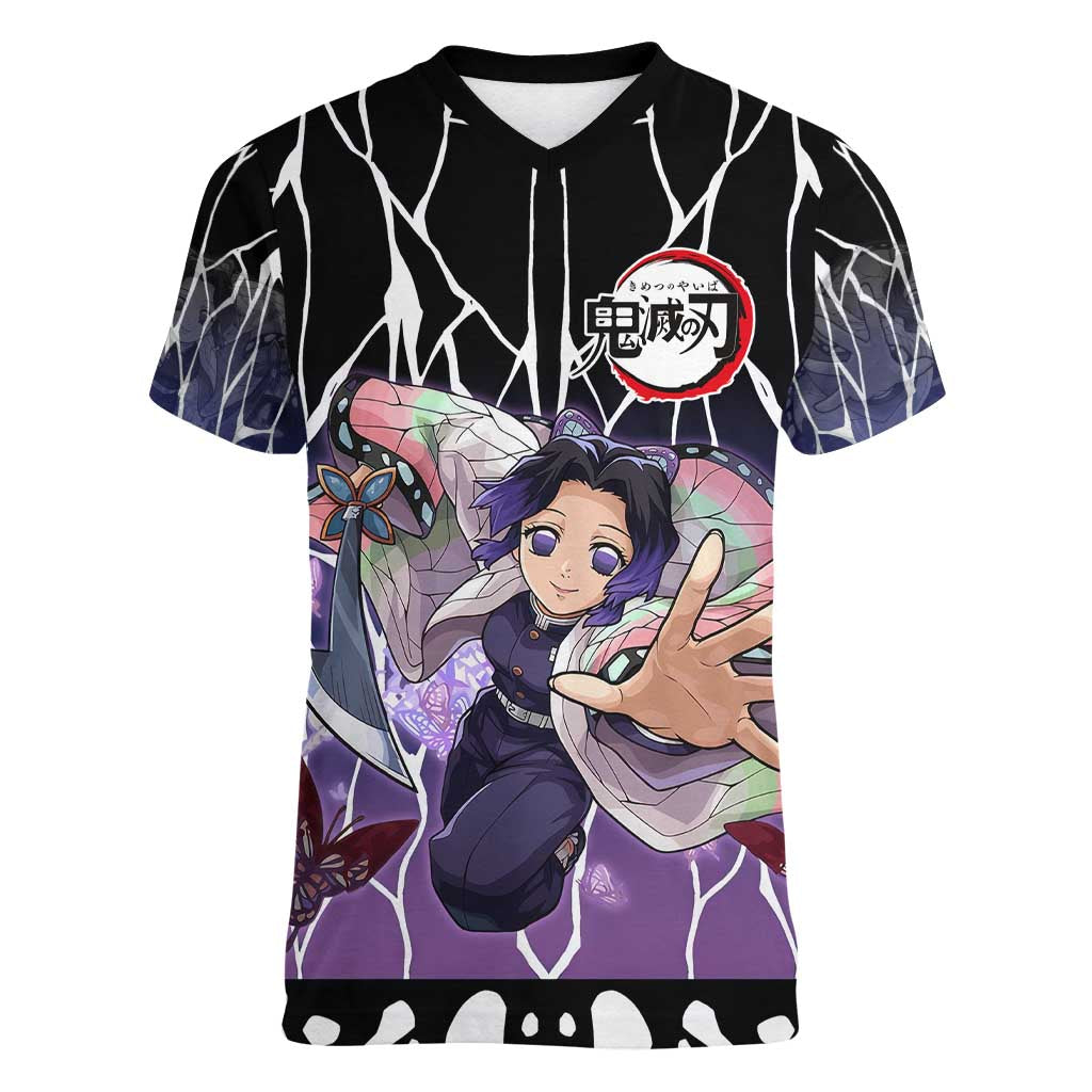Shinobu Kocho Demon Slayer Women V-Neck T-Shirt with Purple and Black Web Style Design - The Mazicc