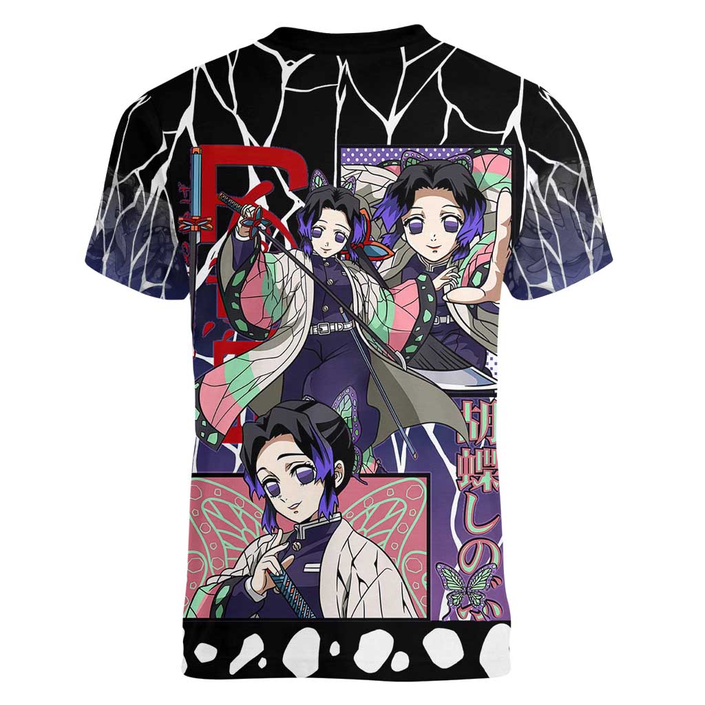 Shinobu Kocho Demon Slayer Women V-Neck T-Shirt with Purple and Black Web Style Design - The Mazicc
