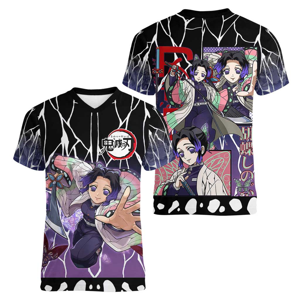 Shinobu Kocho Demon Slayer Women V-Neck T-Shirt with Purple and Black Web Style Design - The Mazicc