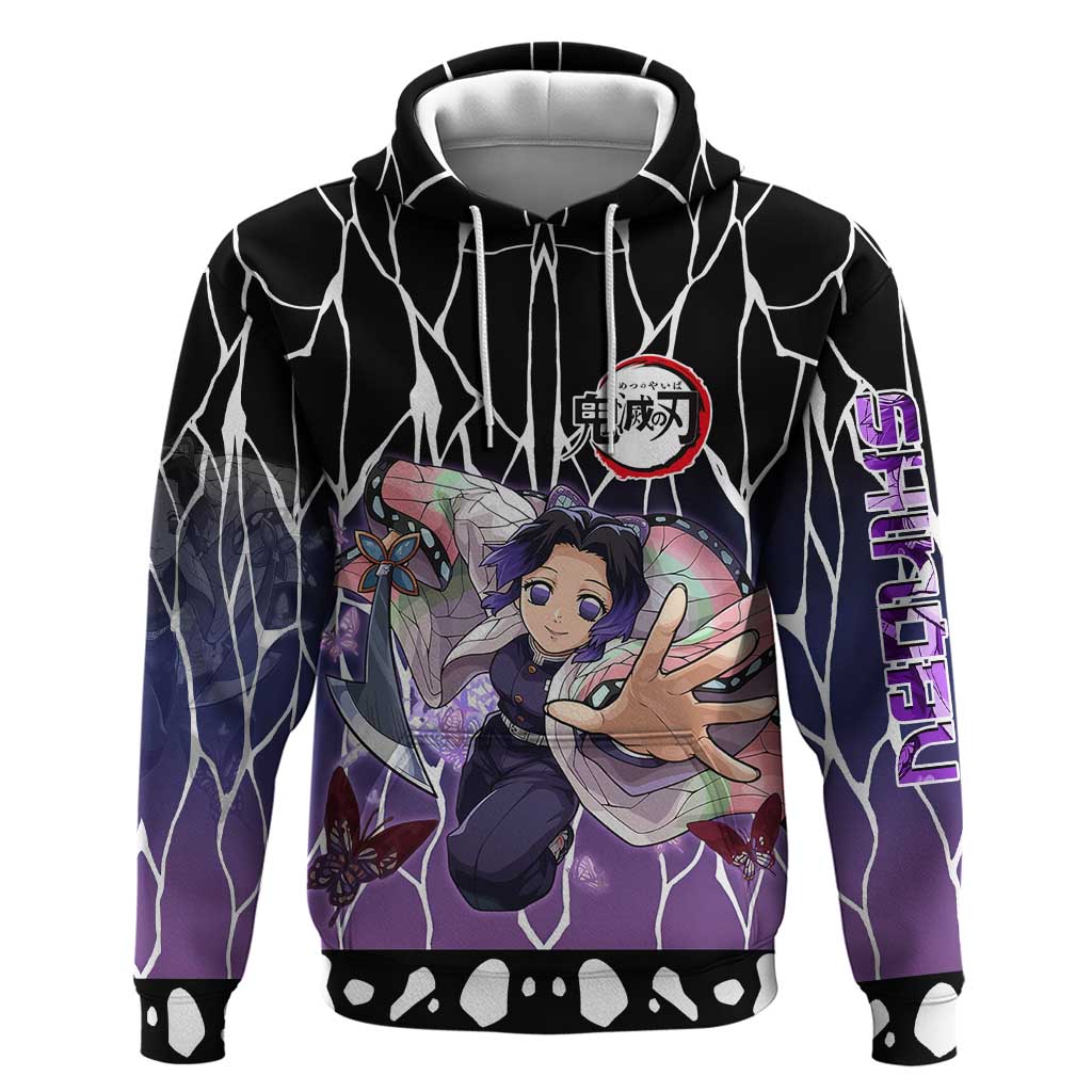 Shinobu Kocho Demon Slayer Zip Hoodie with Purple and Black Web Style Design - The Mazicc