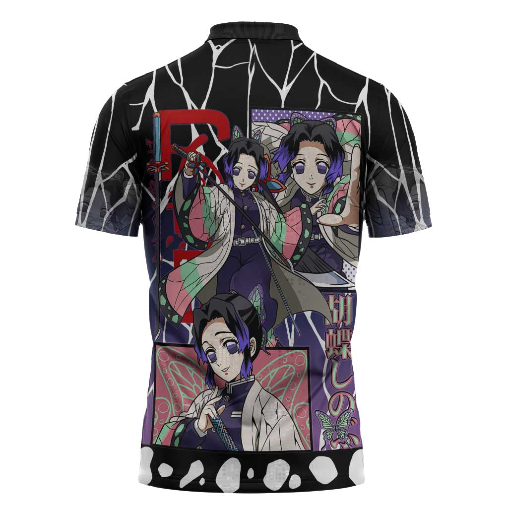 Shinobu Kocho Demon Slayer Zipper Polo Shirt with Purple and Black Web Style Design - The Mazicc