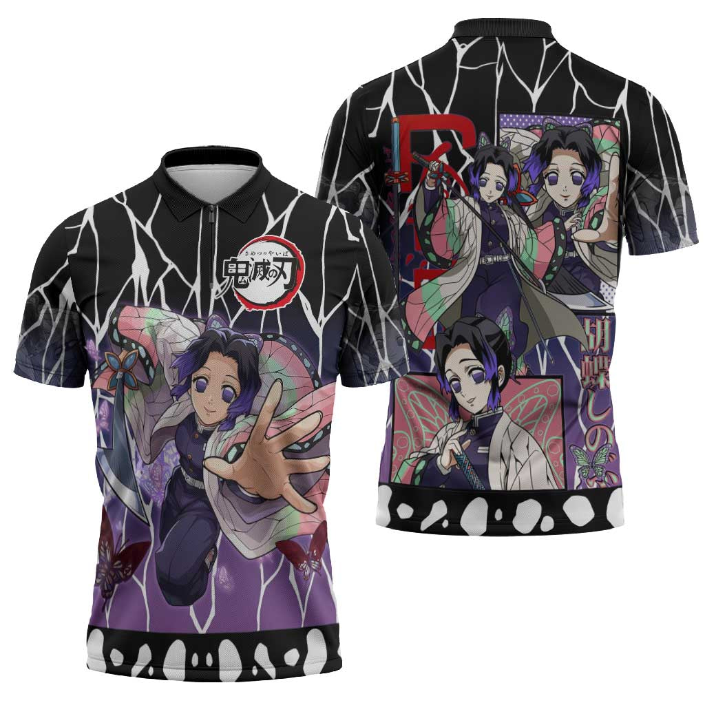 Shinobu Kocho Demon Slayer Zipper Polo Shirt with Purple and Black Web Style Design - The Mazicc