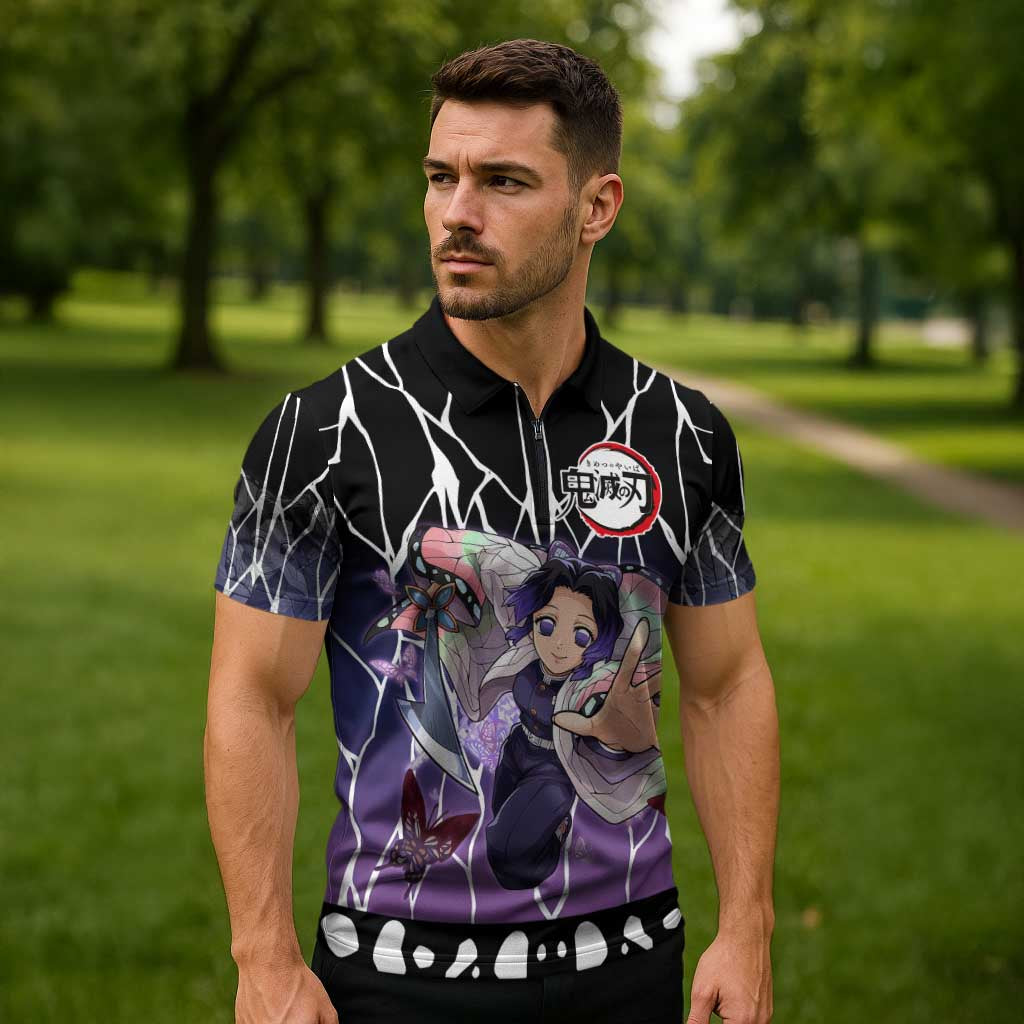 Shinobu Kocho Demon Slayer Zipper Polo Shirt with Purple and Black Web Style Design - The Mazicc