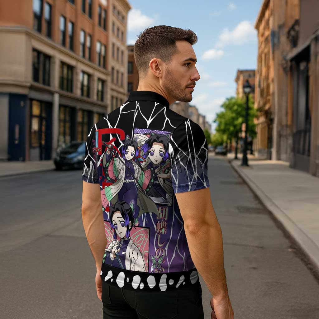 Shinobu Kocho Demon Slayer Zipper Polo Shirt with Purple and Black Web Style Design - The Mazicc