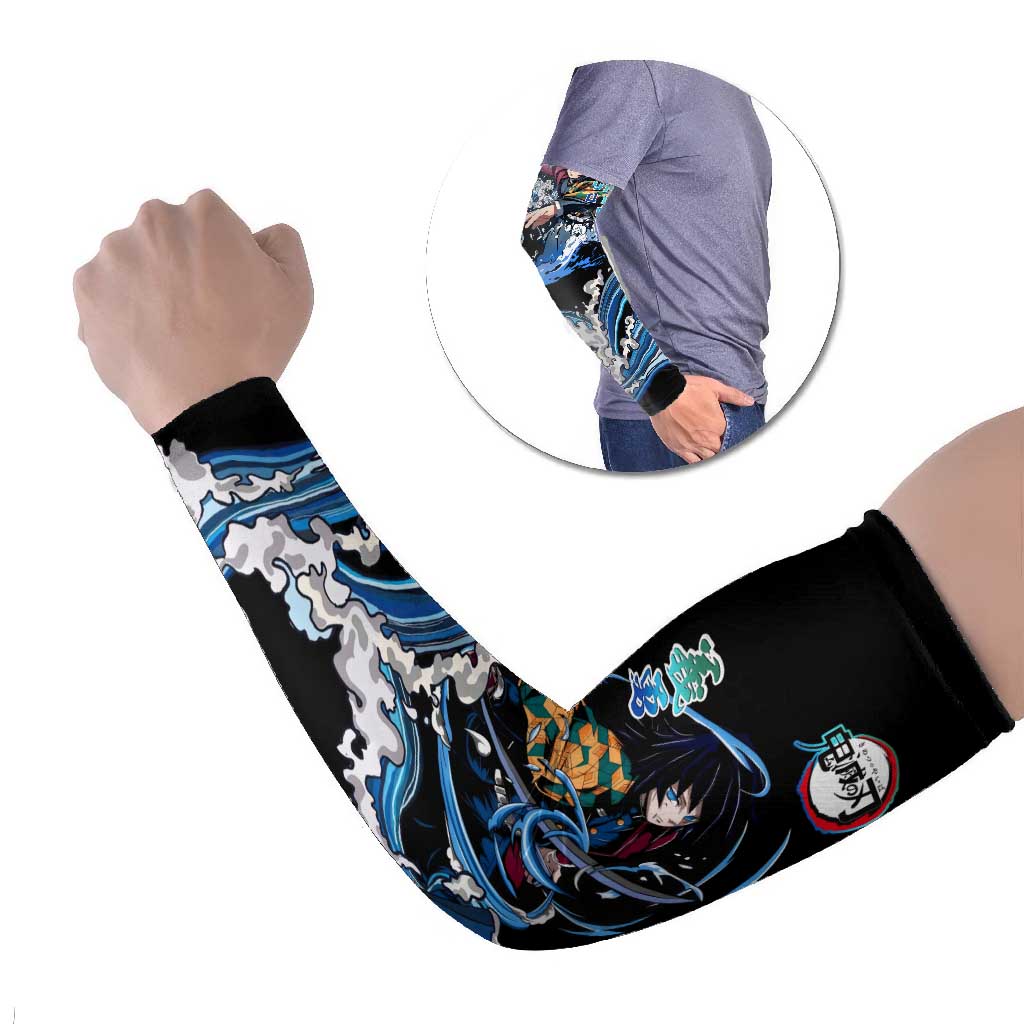 Giyu Tomioka Demon Slayer Arm Sleeves with Green and Orange Cube Water Style Design - The Mazicc