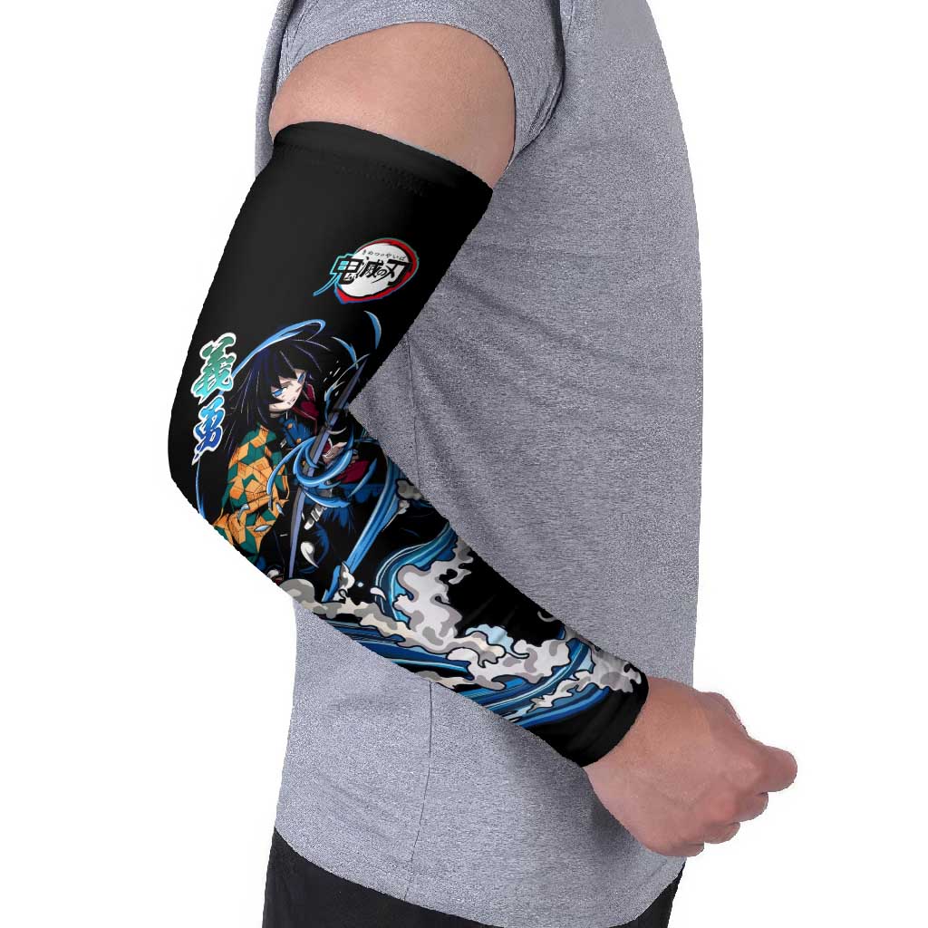 Giyu Tomioka Demon Slayer Arm Sleeves with Green and Orange Cube Water Style Design - The Mazicc