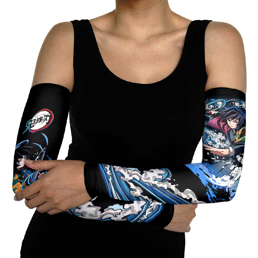 Giyu Tomioka Demon Slayer Arm Sleeves with Green and Orange Cube Water Style Design - The Mazicc