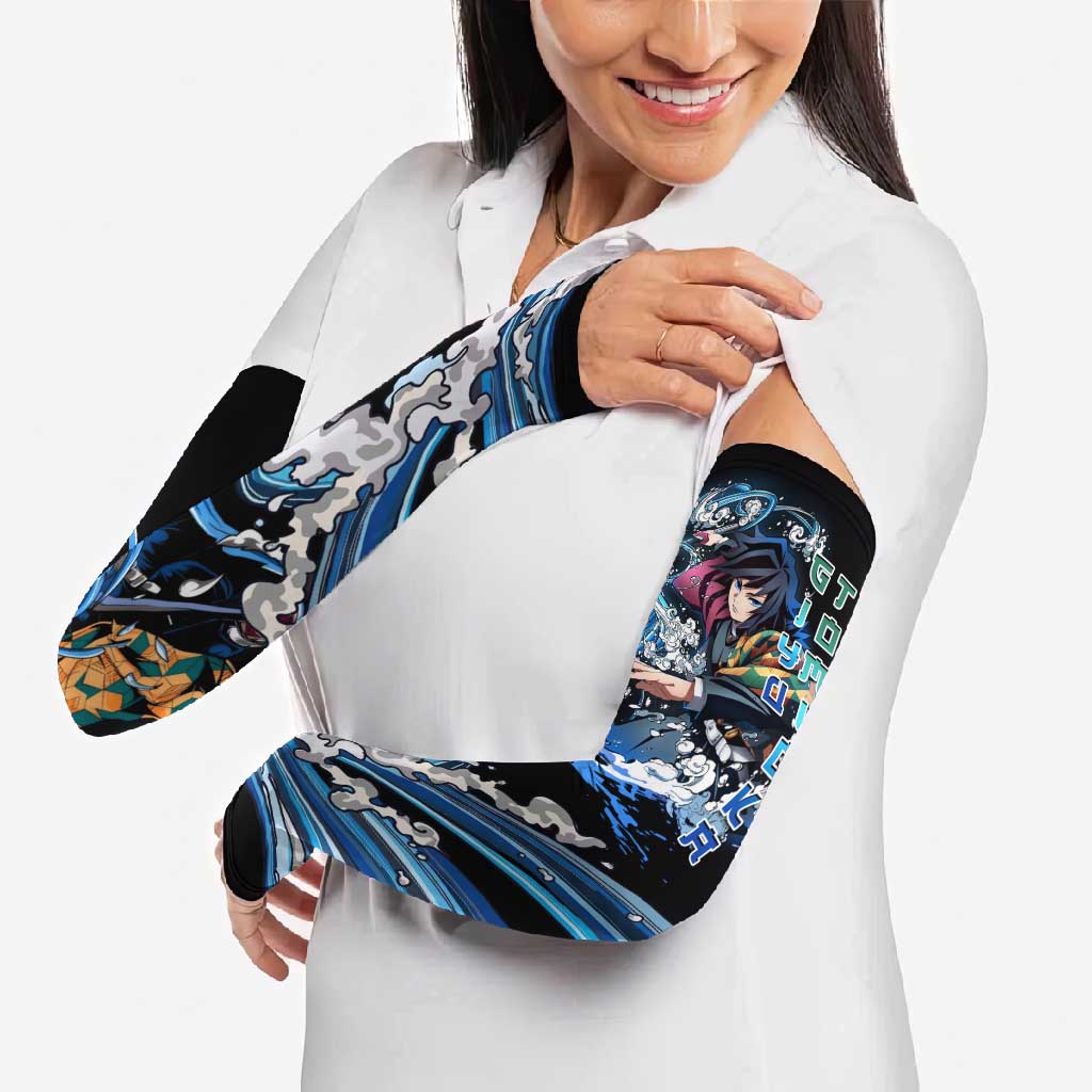 Giyu Tomioka Demon Slayer Arm Sleeves with Green and Orange Cube Water Style Design - The Mazicc
