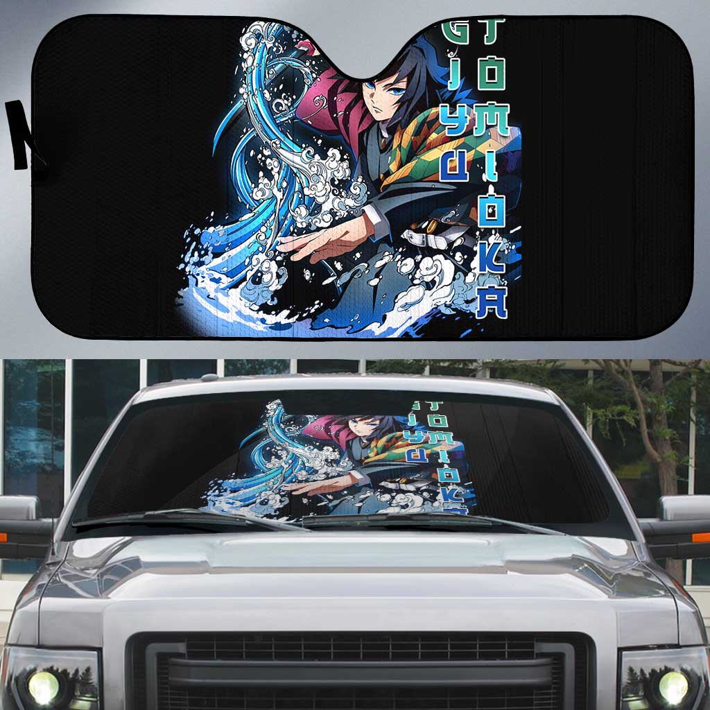 Giyu Tomioka Demon Slayer Auto Sun Shade with Green and Orange Cube Water Style Design - The Mazicc