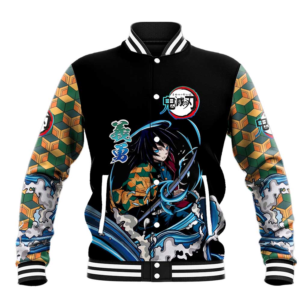 Giyu Tomioka Demon Slayer Baseball Jacket with Green and Orange Cube Water Style Design - The Mazicc