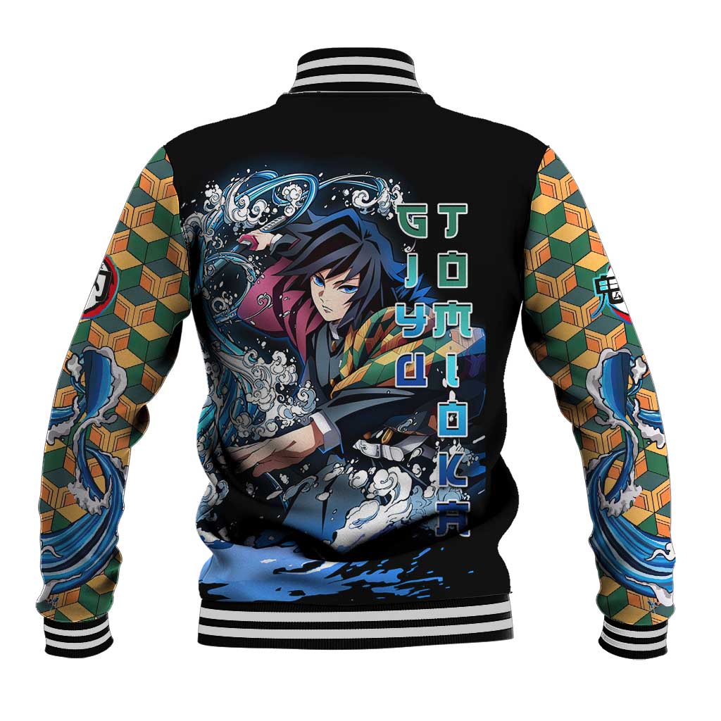 Giyu Tomioka Demon Slayer Baseball Jacket with Green and Orange Cube Water Style Design - The Mazicc