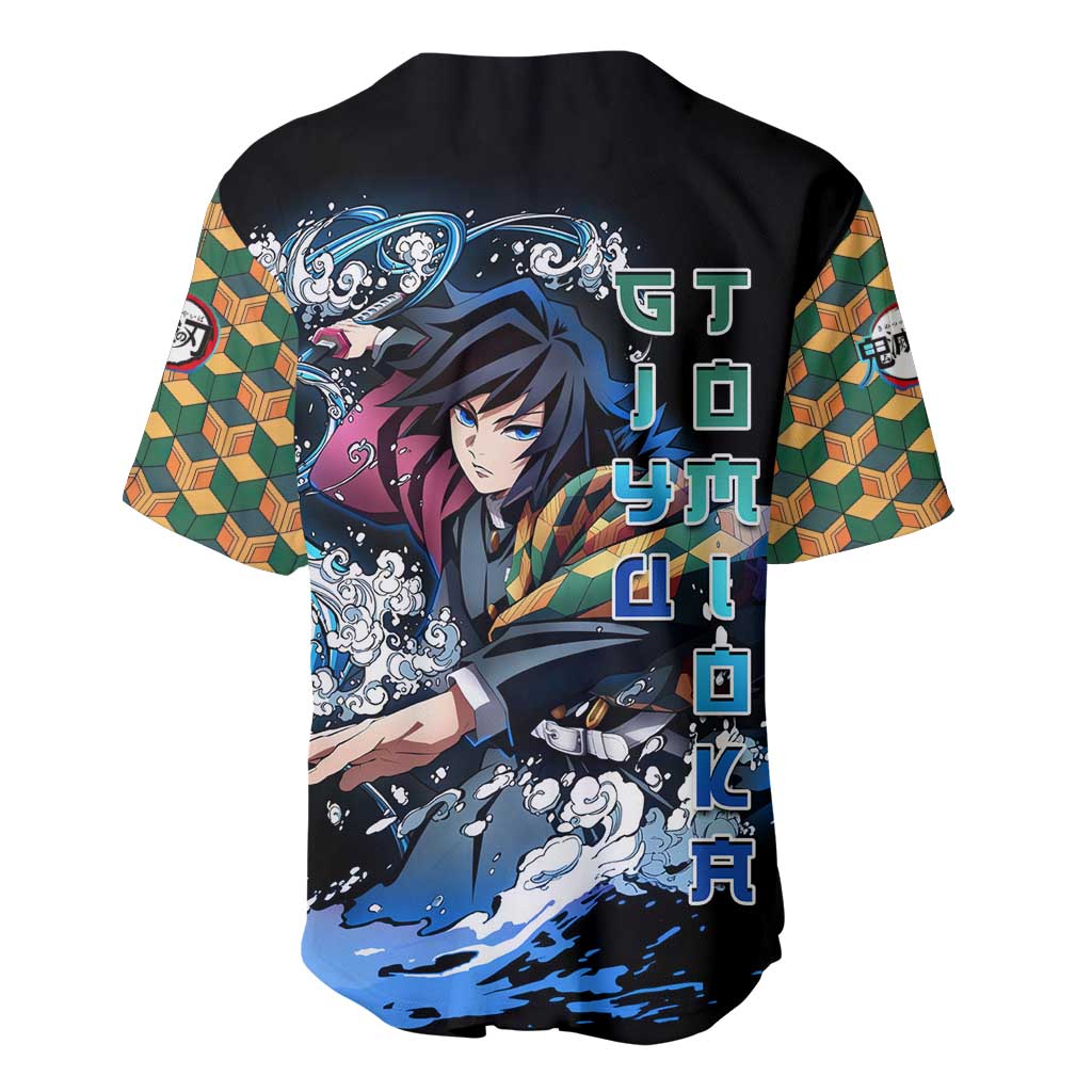 Giyu Tomioka Demon Slayer Baseball Jersey with Green and Orange Cube Water Style Design - The Mazicc