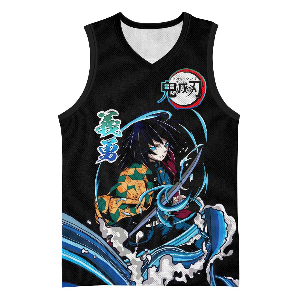 Giyu Tomioka Demon Slayer Basketball Jersey with Green and Orange Cube Water Style Design - The Mazicc