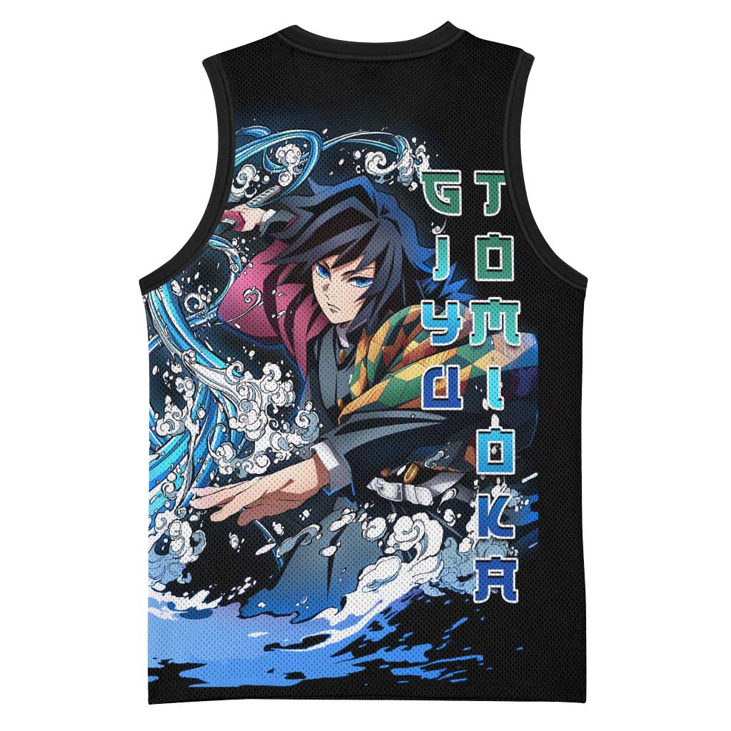 Giyu Tomioka Demon Slayer Basketball Jersey with Green and Orange Cube Water Style Design - The Mazicc