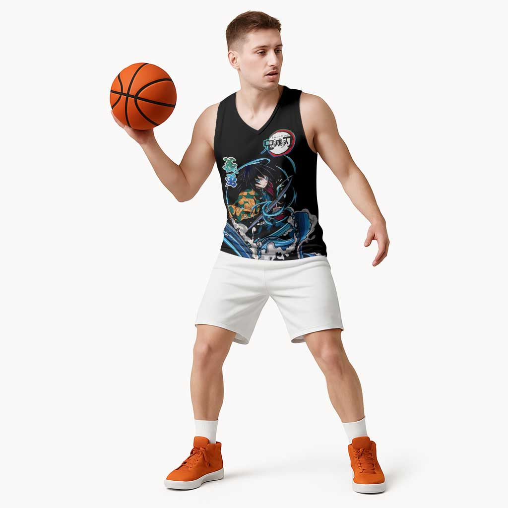 Giyu Tomioka Demon Slayer Basketball Jersey with Green and Orange Cube Water Style Design - The Mazicc