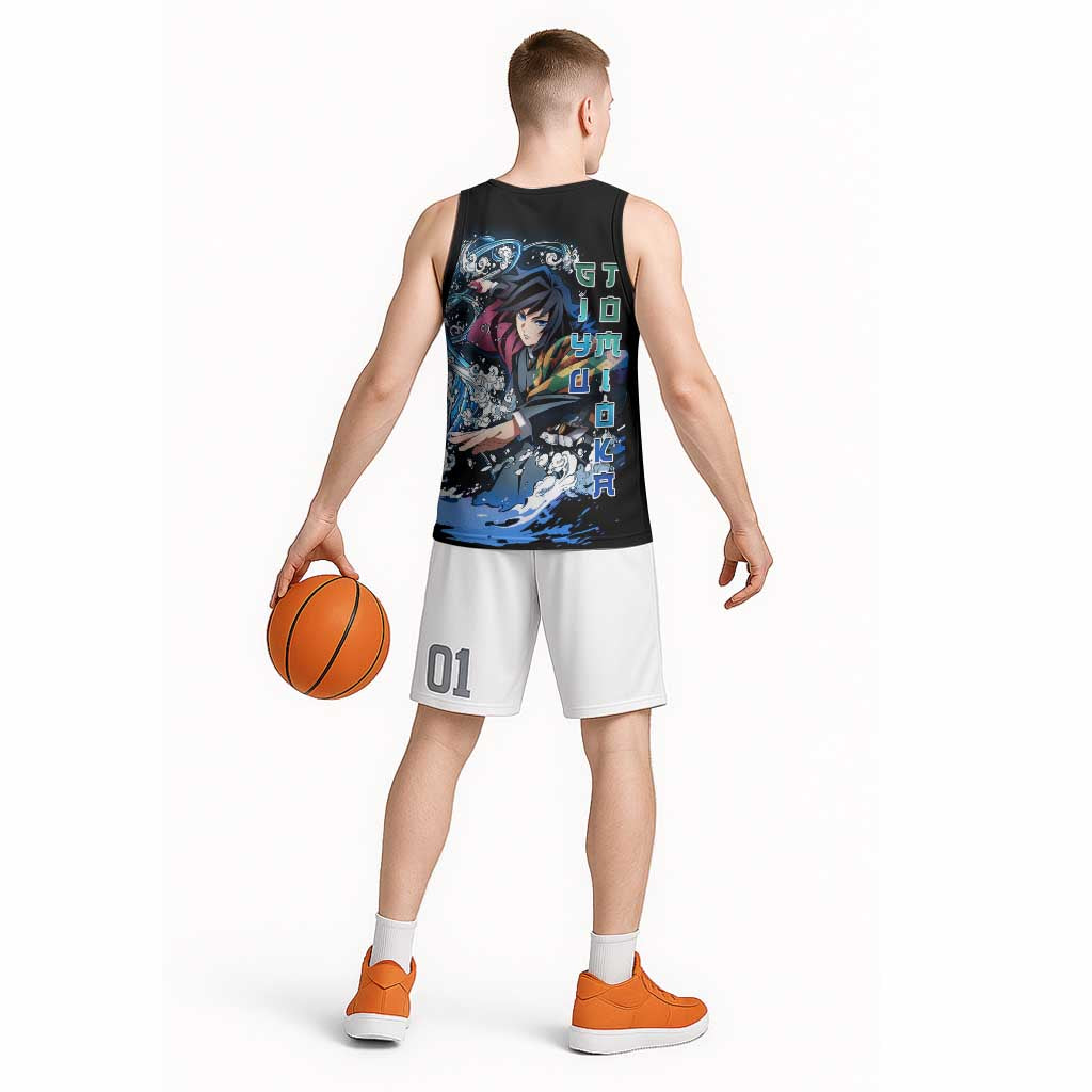 Giyu Tomioka Demon Slayer Basketball Jersey with Green and Orange Cube Water Style Design - The Mazicc