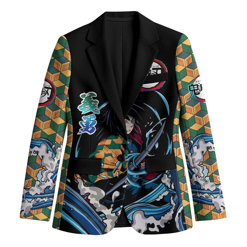 Giyu Tomioka Demon Slayer Blazer with Green and Orange Cube Water Style Design - The Mazicc