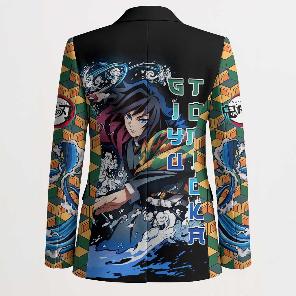 Giyu Tomioka Demon Slayer Blazer with Green and Orange Cube Water Style Design - The Mazicc