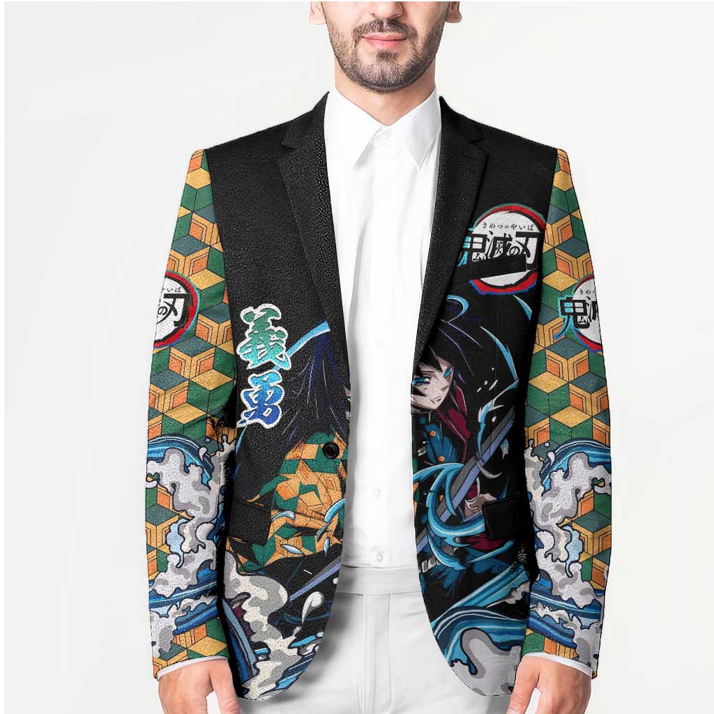 Giyu Tomioka Demon Slayer Blazer with Green and Orange Cube Water Style Design - The Mazicc