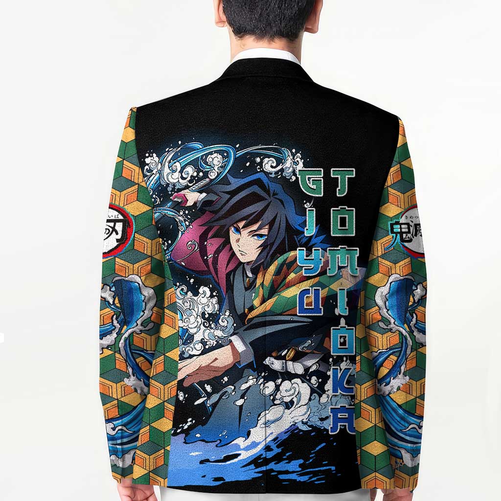 Giyu Tomioka Demon Slayer Blazer with Green and Orange Cube Water Style Design - The Mazicc