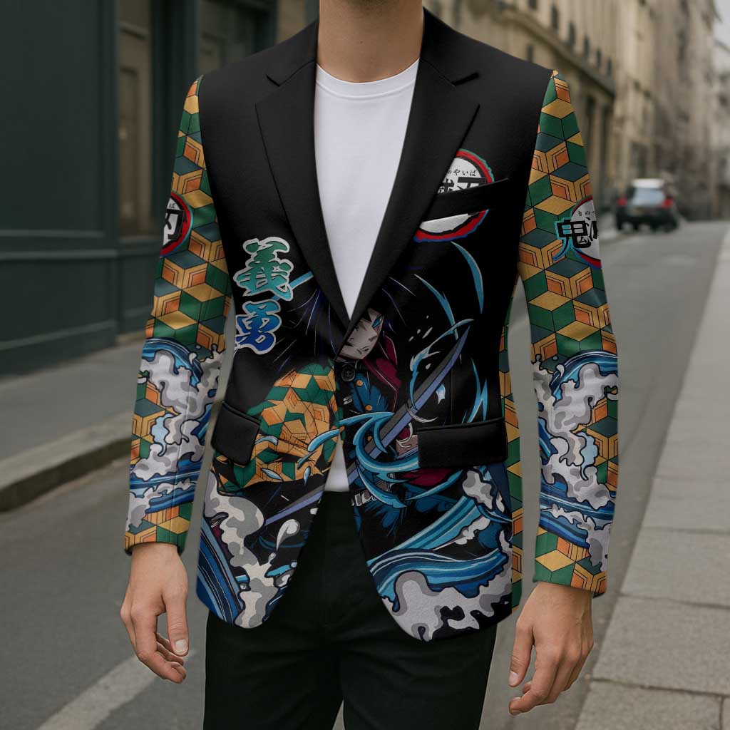 Giyu Tomioka Demon Slayer Blazer with Green and Orange Cube Water Style Design - The Mazicc