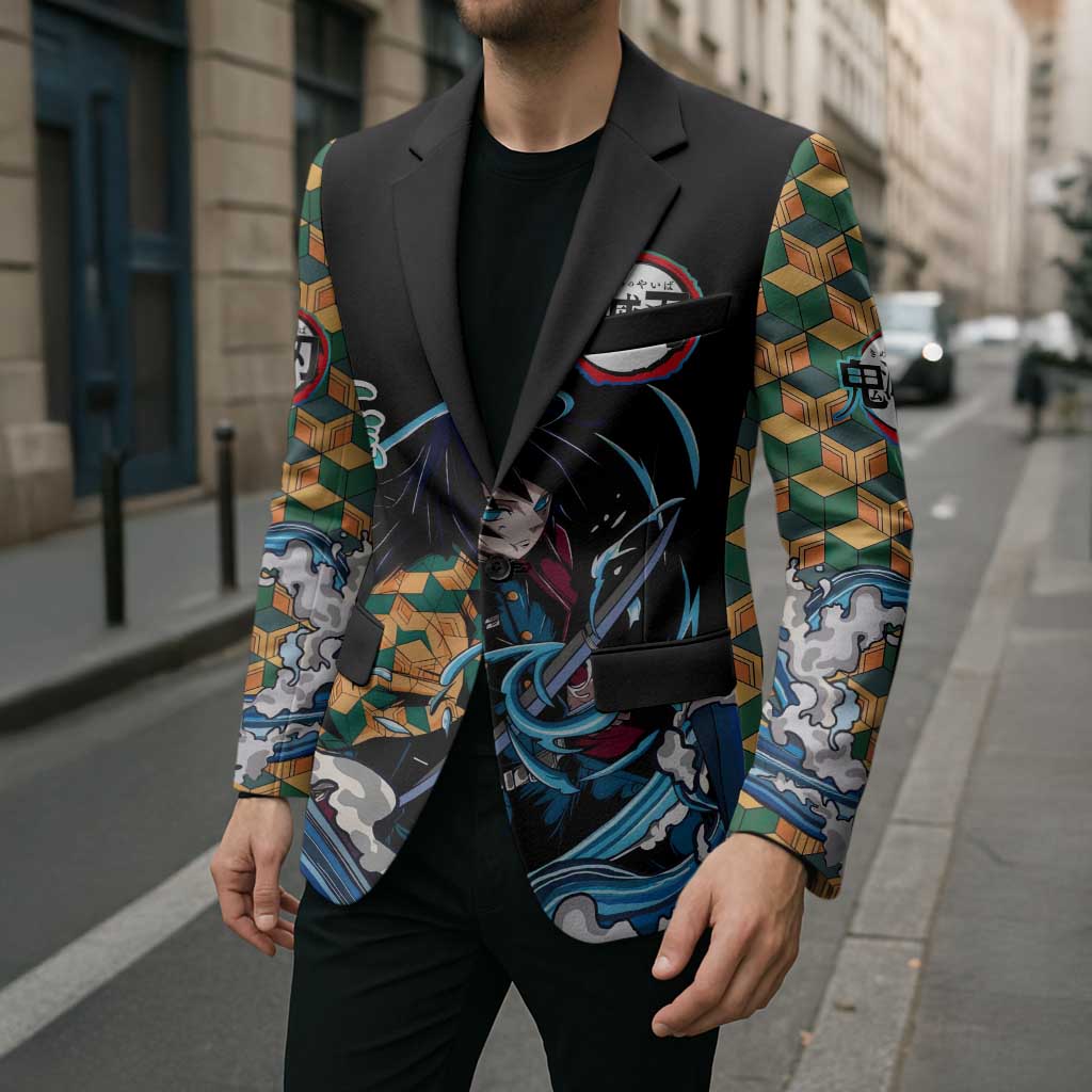 Giyu Tomioka Demon Slayer Blazer with Green and Orange Cube Water Style Design - The Mazicc