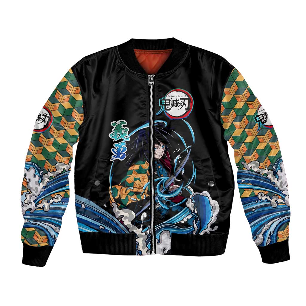Giyu Tomioka Demon Slayer Bomber Jacket with Green and Orange Cube Water Style Design - The Mazicc