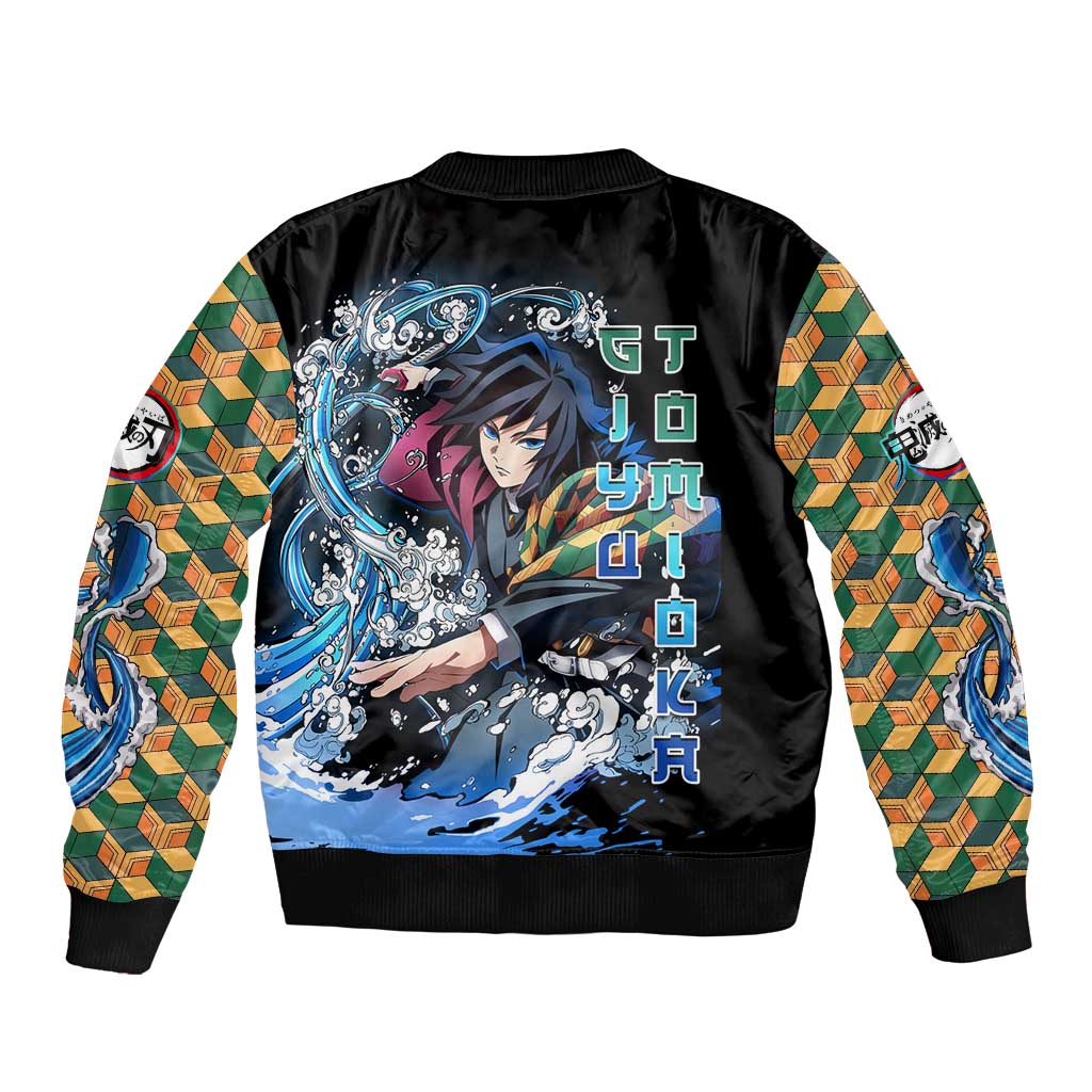 Giyu Tomioka Demon Slayer Bomber Jacket with Green and Orange Cube Water Style Design - The Mazicc