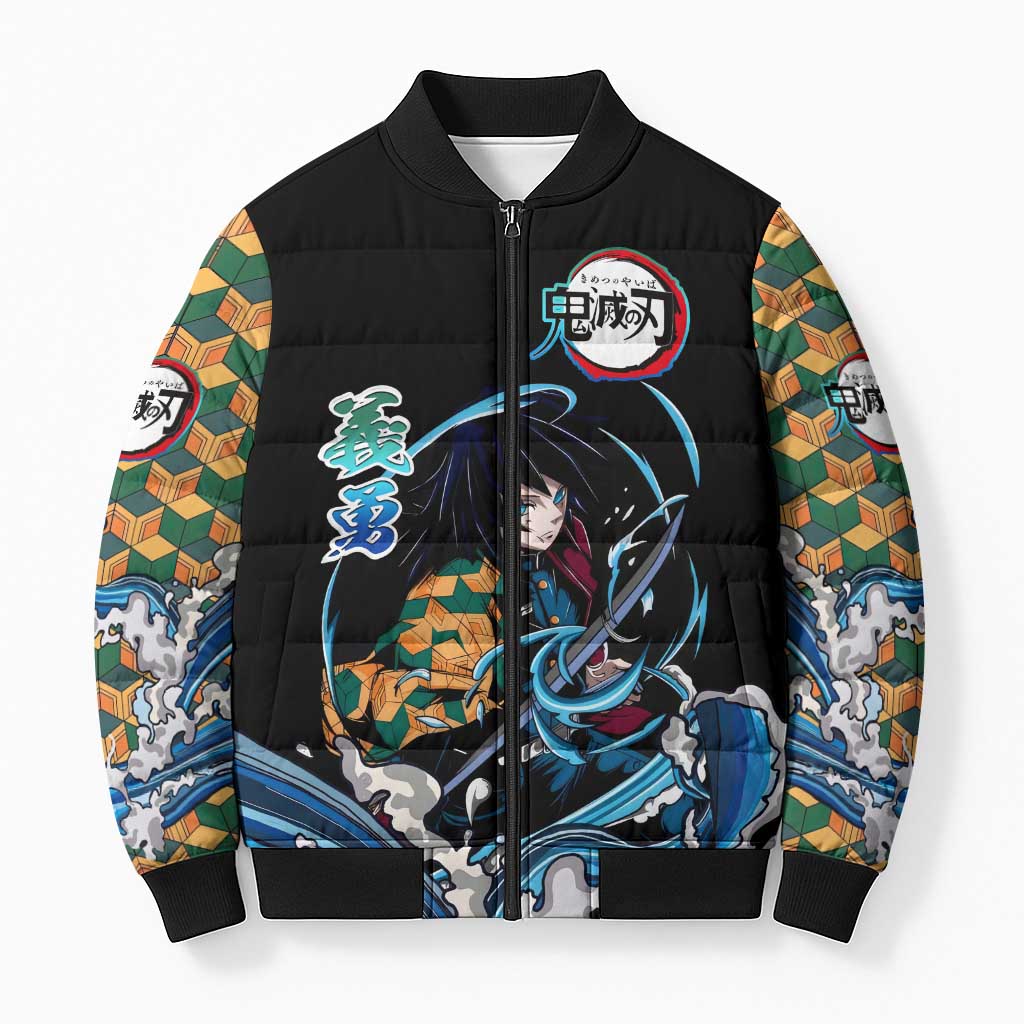 Giyu Tomioka Demon Slayer Bomber Puffer Jacket with Green and Orange Cube Water Style Design - The Mazicc