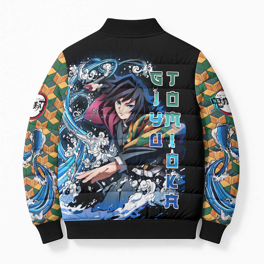 Giyu Tomioka Demon Slayer Bomber Puffer Jacket with Green and Orange Cube Water Style Design - The Mazicc
