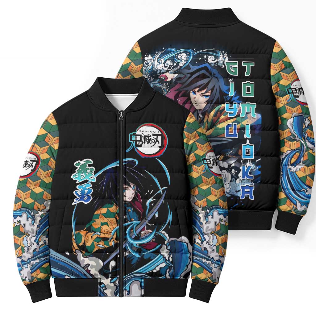 Giyu Tomioka Demon Slayer Bomber Puffer Jacket with Green and Orange Cube Water Style Design - The Mazicc