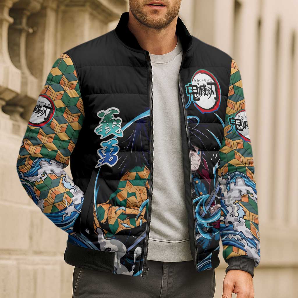 Giyu Tomioka Demon Slayer Bomber Puffer Jacket with Green and Orange Cube Water Style Design - The Mazicc