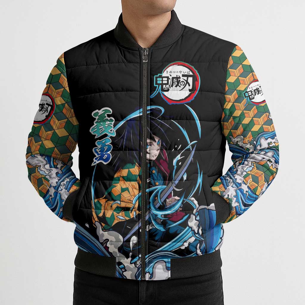 Giyu Tomioka Demon Slayer Bomber Puffer Jacket with Green and Orange Cube Water Style Design - The Mazicc