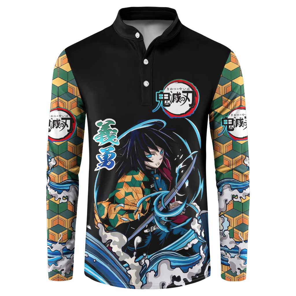 Giyu Tomioka Demon Slayer Button Sweatshirt with Green and Orange Cube Water Style Design - The Mazicc