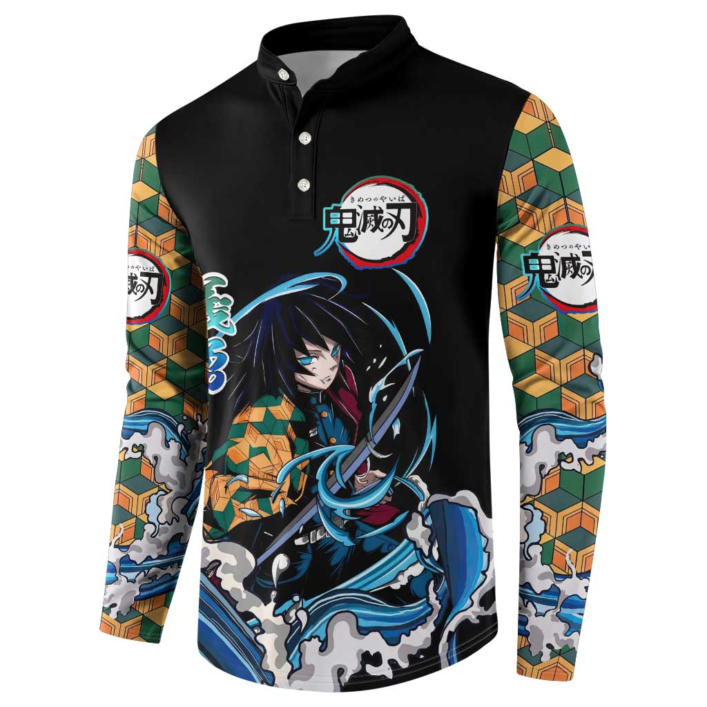 Giyu Tomioka Demon Slayer Button Sweatshirt with Green and Orange Cube Water Style Design - The Mazicc