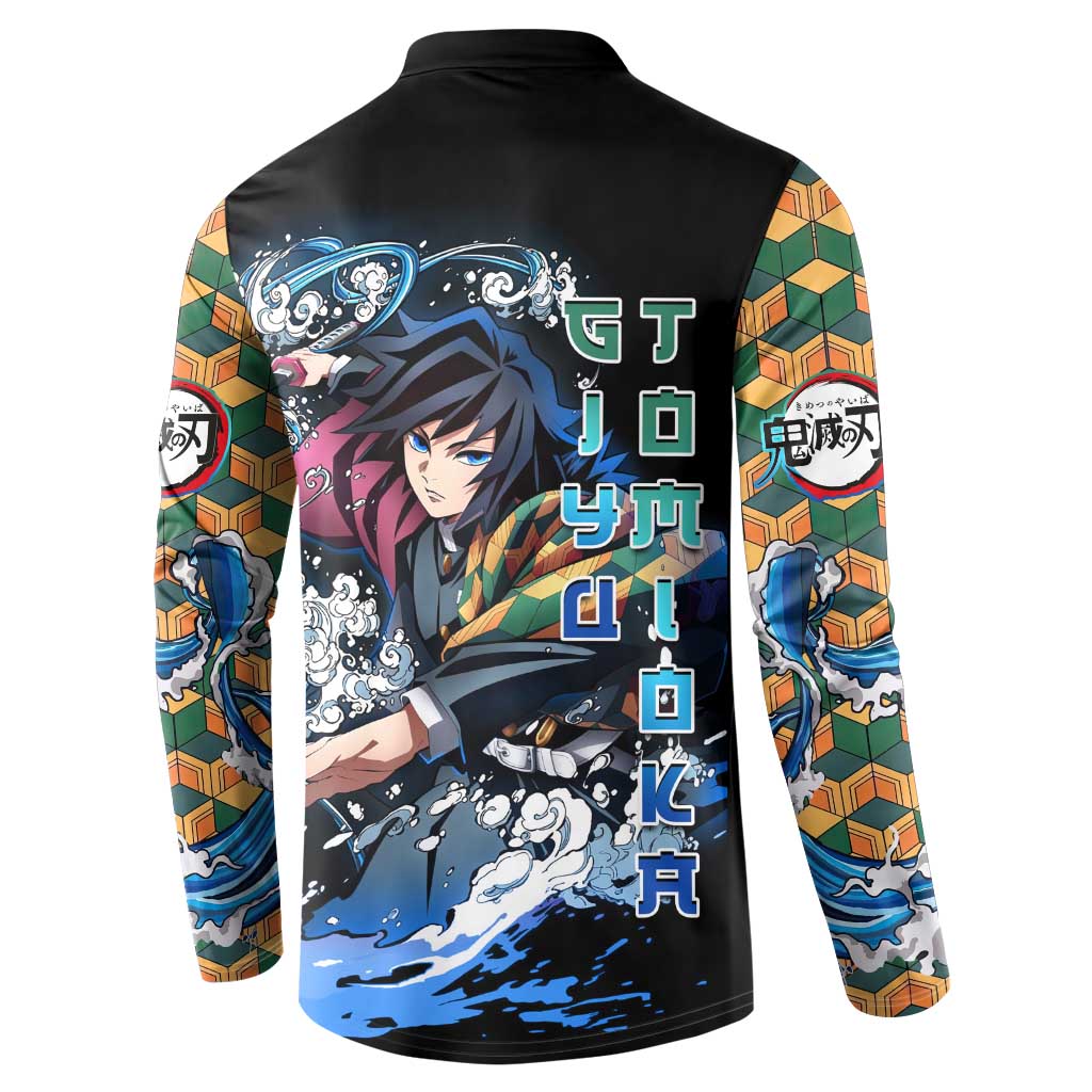 Giyu Tomioka Demon Slayer Button Sweatshirt with Green and Orange Cube Water Style Design - The Mazicc