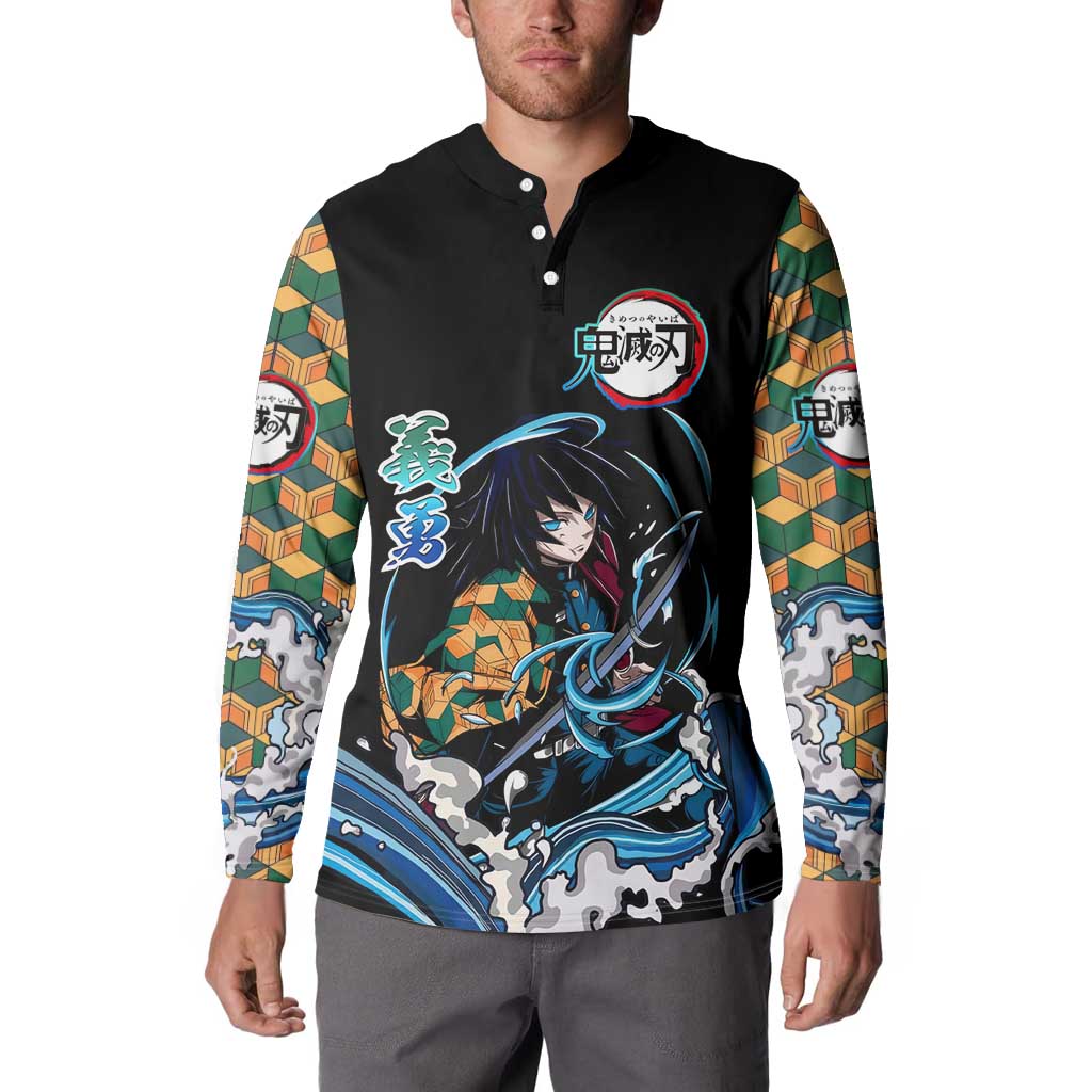 Giyu Tomioka Demon Slayer Button Sweatshirt with Green and Orange Cube Water Style Design - The Mazicc