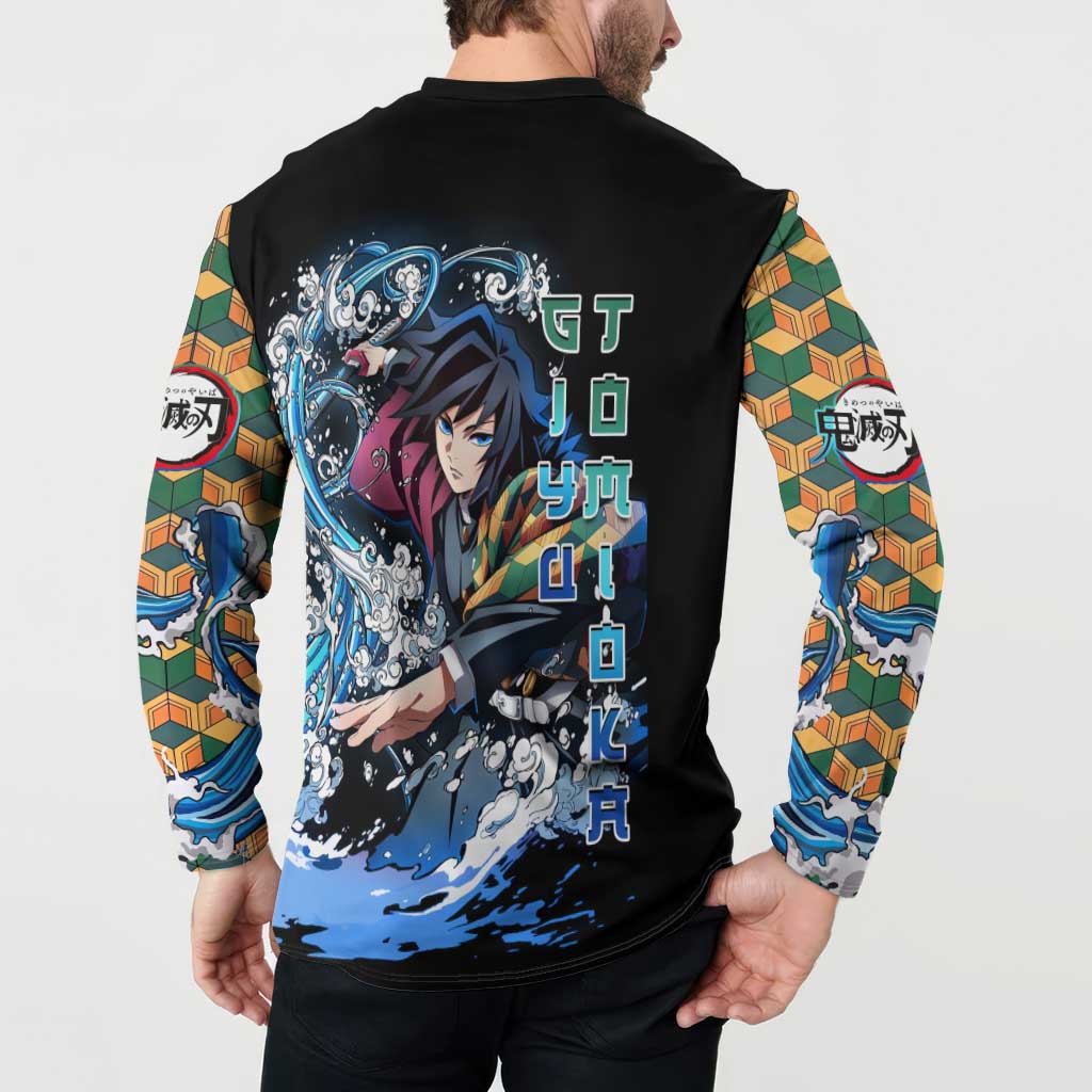 Giyu Tomioka Demon Slayer Button Sweatshirt with Green and Orange Cube Water Style Design - The Mazicc