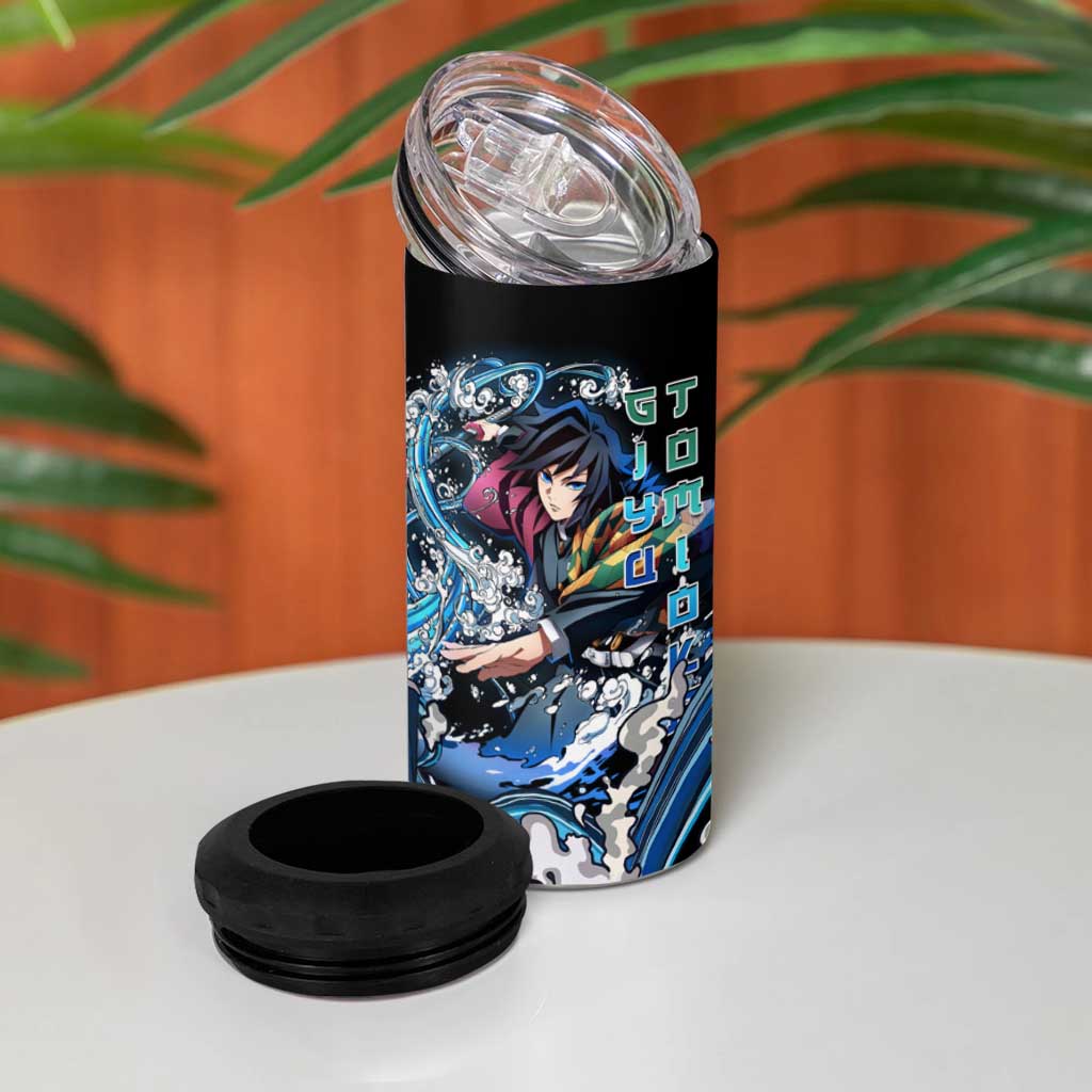 Giyu Tomioka Demon Slayer 4 in 1 Can Cooler Tumbler with Green and Orange Cube Water Style Design - The Mazicc