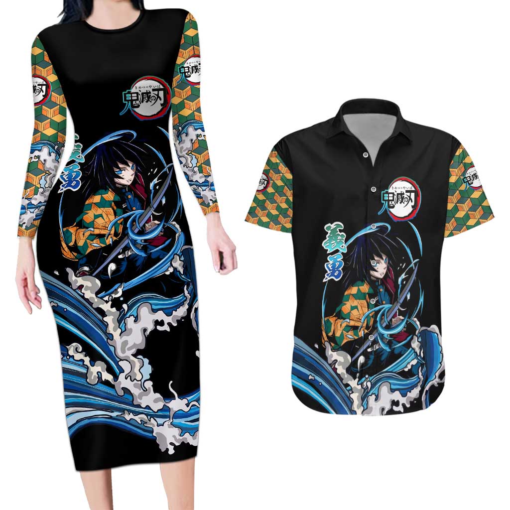 Giyu Tomioka Demon Slayer Couples Matching Long Sleeve Bodycon Dress and Hawaiian Shirt with Green and Orange Cube Water Style Design - The Mazicc