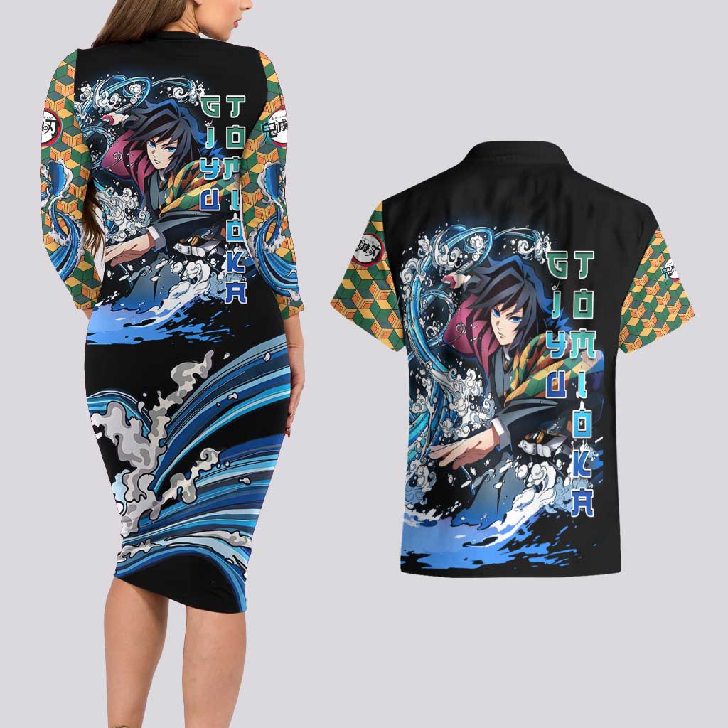 Giyu Tomioka Demon Slayer Couples Matching Long Sleeve Bodycon Dress and Hawaiian Shirt with Green and Orange Cube Water Style Design - The Mazicc