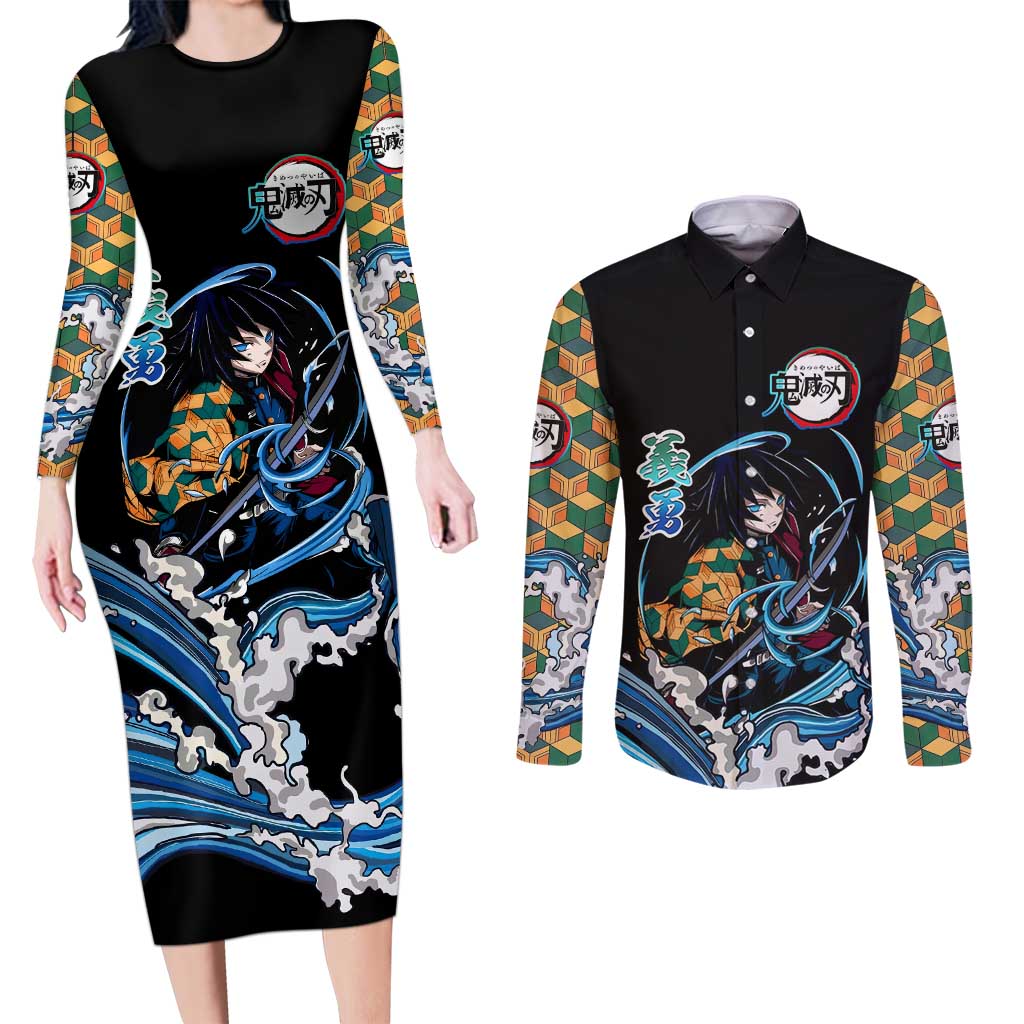 Giyu Tomioka Demon Slayer Couples Matching Long Sleeve Bodycon Dress and Long Sleeve Button Shirt with Green and Orange Cube Water Style Design - The Mazicc