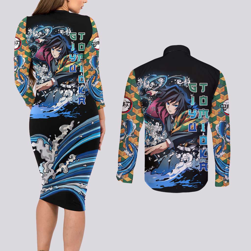 Giyu Tomioka Demon Slayer Couples Matching Long Sleeve Bodycon Dress and Long Sleeve Button Shirt with Green and Orange Cube Water Style Design - The Mazicc