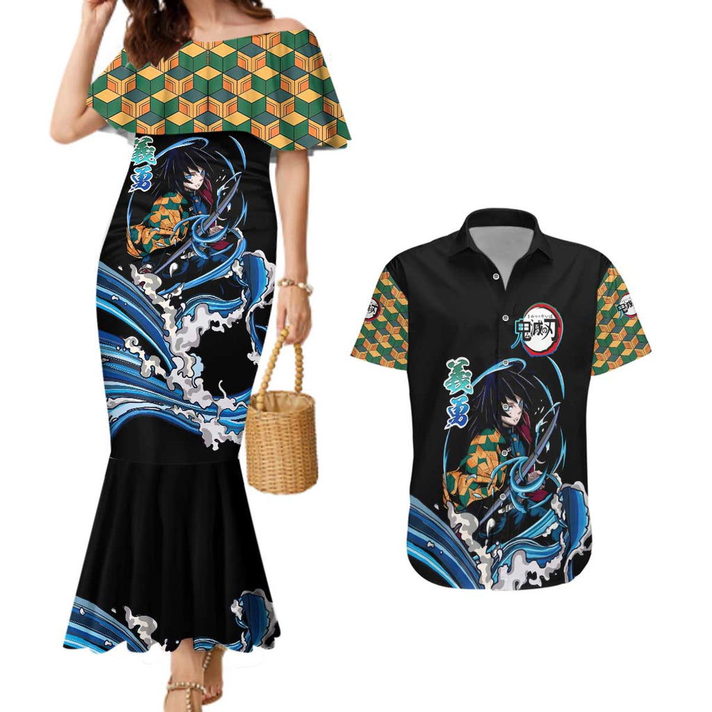Giyu Tomioka Demon Slayer Couples Matching Mermaid Dress and Hawaiian Shirt with Green and Orange Cube Water Style Design - The Mazicc