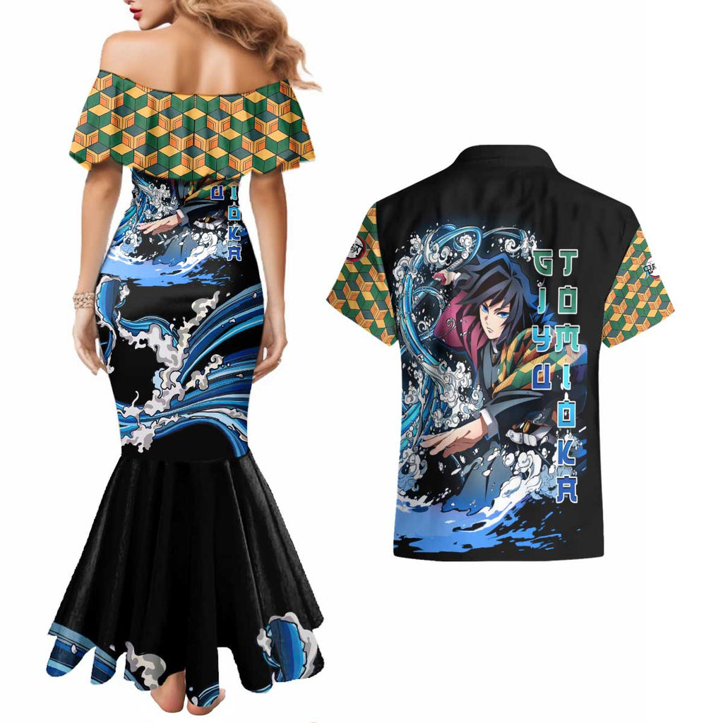 Giyu Tomioka Demon Slayer Couples Matching Mermaid Dress and Hawaiian Shirt with Green and Orange Cube Water Style Design - The Mazicc