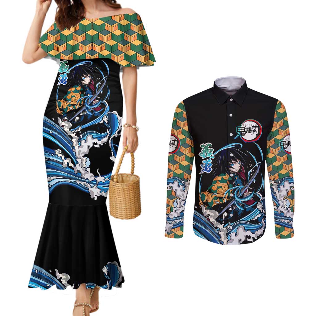 Giyu Tomioka Demon Slayer Couples Matching Mermaid Dress and Long Sleeve Button Shirt with Green and Orange Cube Water Style Design - The Mazicc