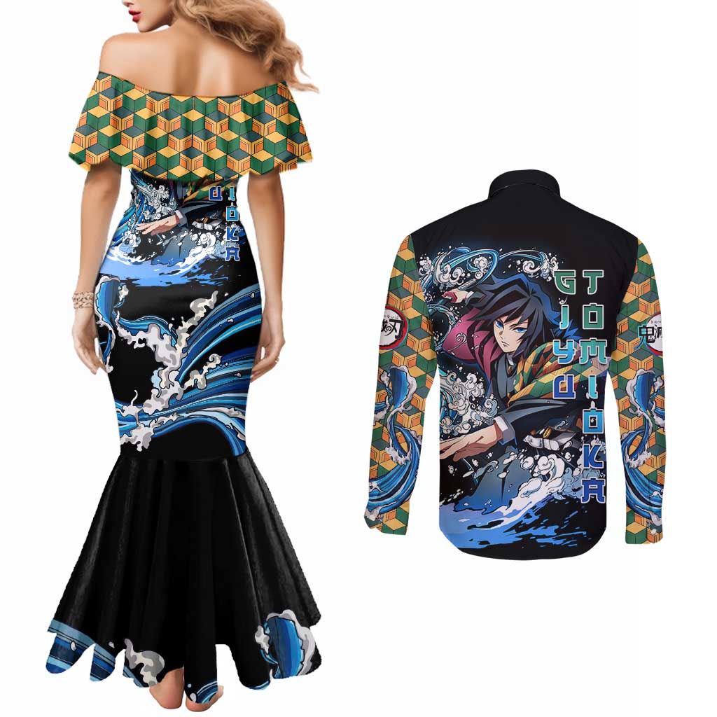 Giyu Tomioka Demon Slayer Couples Matching Mermaid Dress and Long Sleeve Button Shirt with Green and Orange Cube Water Style Design - The Mazicc