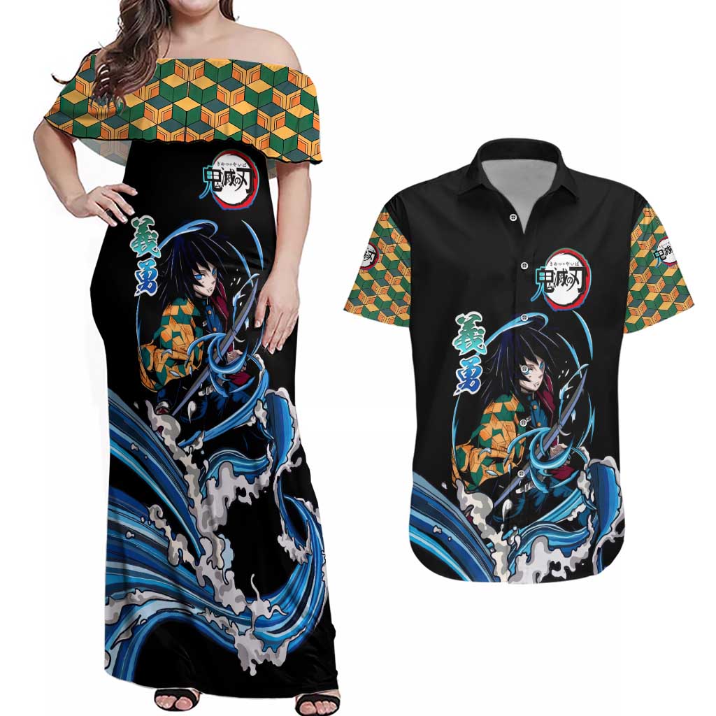 Giyu Tomioka Demon Slayer Couples Matching Off Shoulder Maxi Dress and Hawaiian Shirt with Green and Orange Cube Water Style Design - The Mazicc