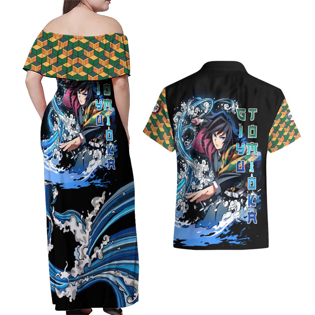 Giyu Tomioka Demon Slayer Couples Matching Off Shoulder Maxi Dress and Hawaiian Shirt with Green and Orange Cube Water Style Design - The Mazicc