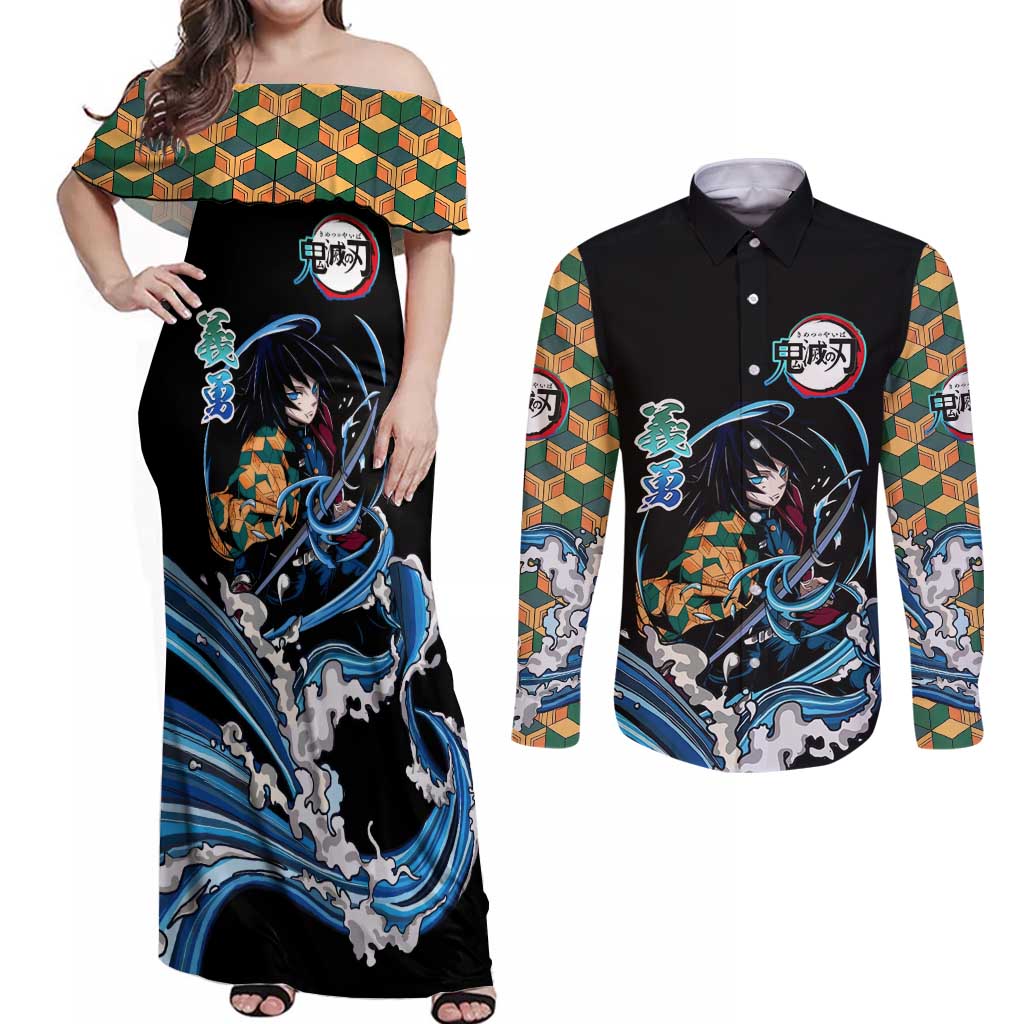 Giyu Tomioka Demon Slayer Couples Matching Off Shoulder Maxi Dress and Long Sleeve Button Shirt with Green and Orange Cube Water Style Design - The Mazicc